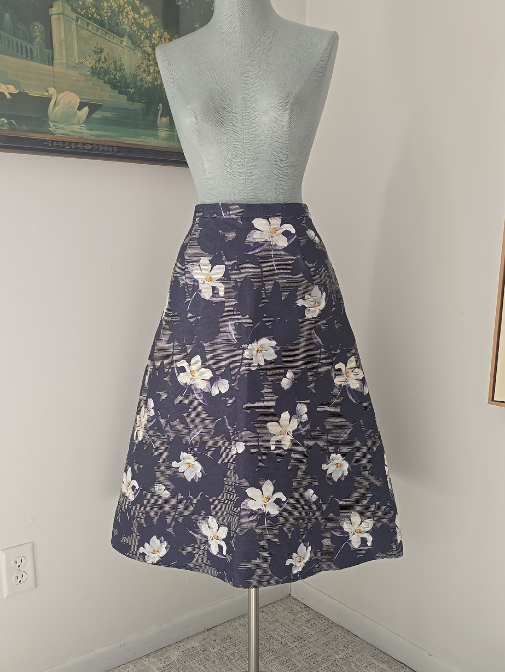Eva Franco | Navy Floral A-Line Skirt with White Blossoms